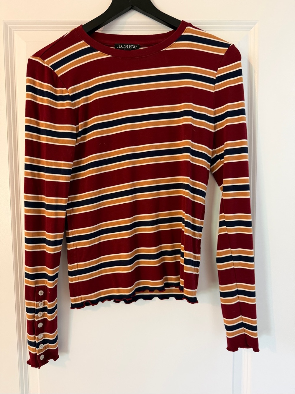J. Crew Striped Long-Sleeve Crewneck in Burgundy, Navy & Mustard